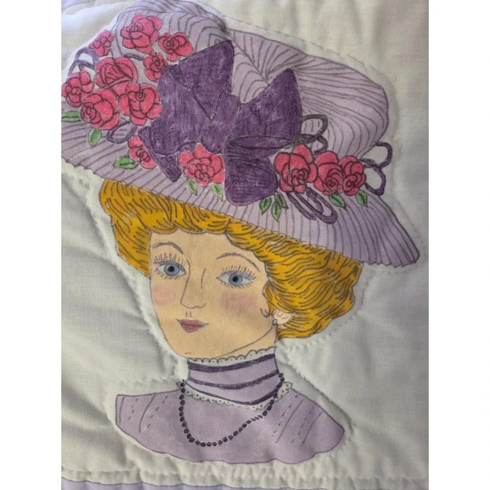Vtg Quilt Victorian Ladies Applique Edwardian Whimsy Fashion Hats Millinery